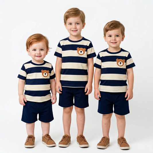 Boys Striped Bear Printed T-Shirt & Shorts 2pcs Set (3mths-7yrs)-0028