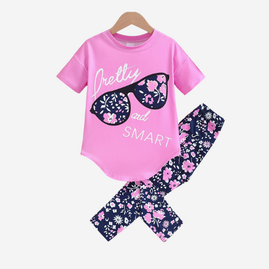 Kidoria Pink Graphic T-Shirt and Navy Floral Pants 2pcs Set For Baby Girl (6m-12yrs)-0124