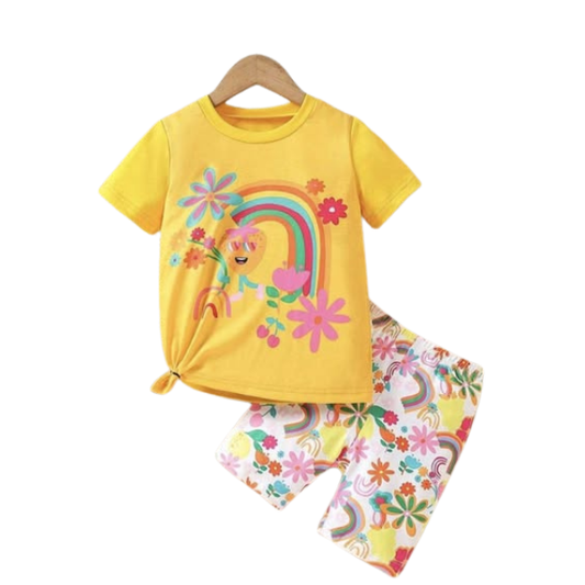 Girls Bright Yellow Short Sleeve T-Shirt and White Rainbow Pattern Shorts 2pcs set (3mths-6yrs)-0048