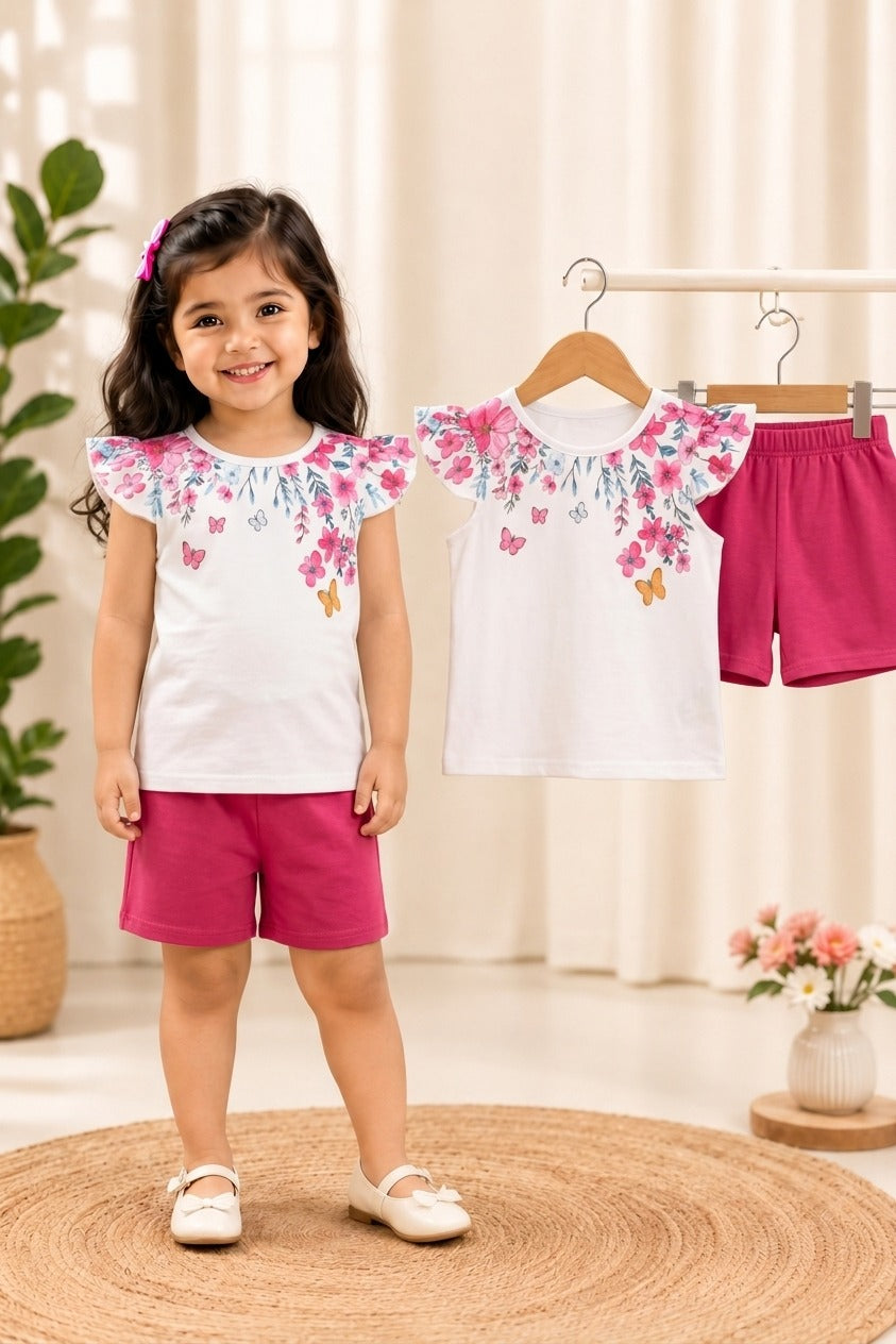 Floral Butterfly Top and Pink Shorts Set 116