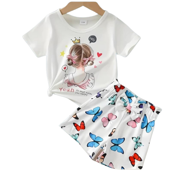 Girls White Cartoon Print T-Shirt and Butterfly Shorts 2-Piece Set(3mths-6yrs)-0044