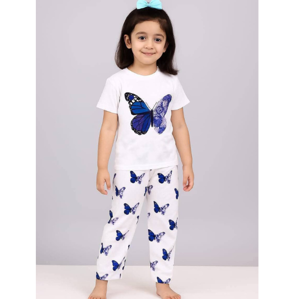 Kids Blue Butterfly Printed White T-Shirt & Full Length Pants 2 Piece Set (3m-12yrs)-0125