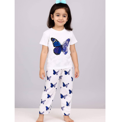 Kids Blue Butterfly Printed White T-Shirt & Full Length Pants 2 Piece Set (3m-12yrs)-0125