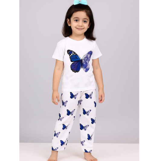 Kids Blue Butterfly Printed White T-Shirt & Full Length Pants 2 Piece Set (3m-12yrs)-0125