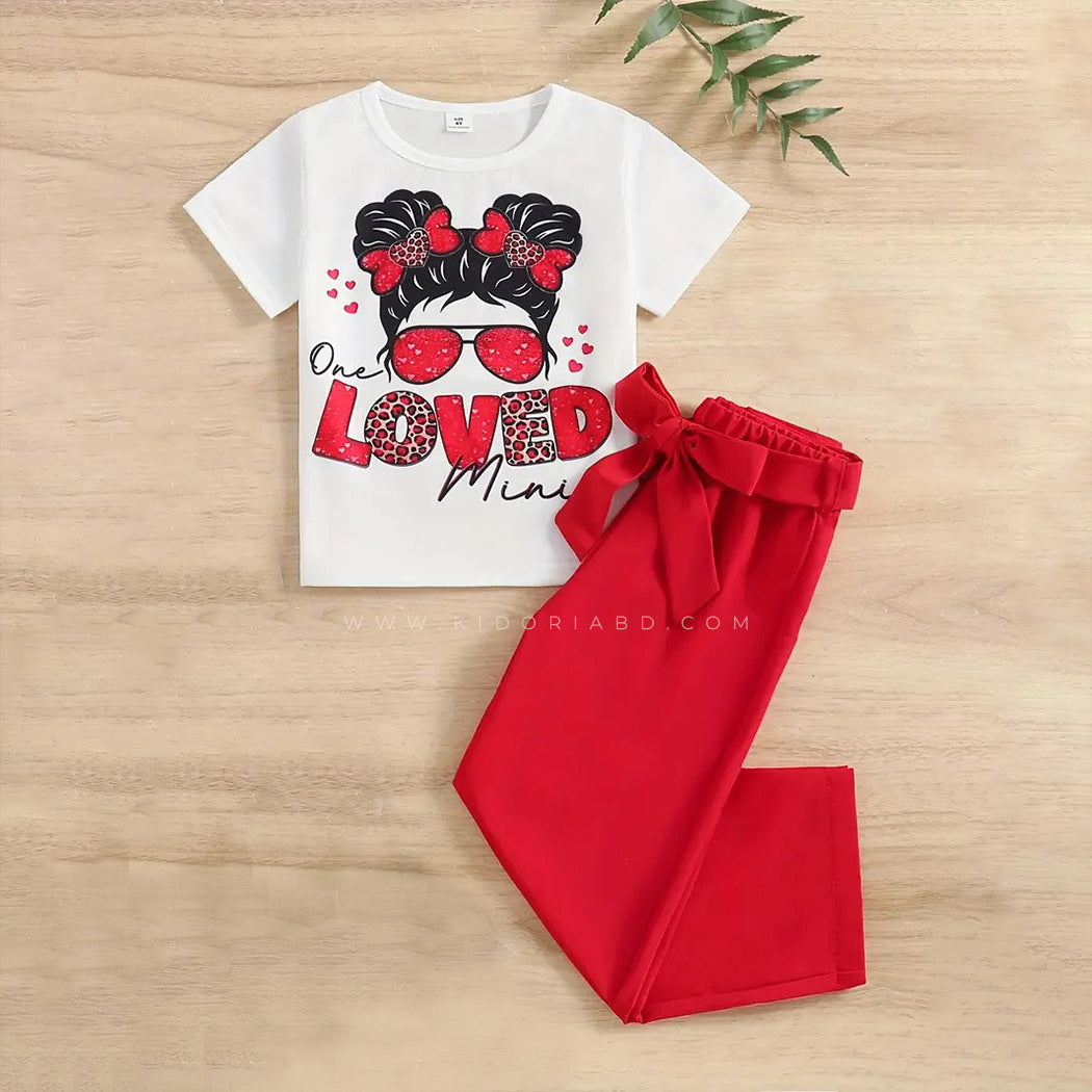 Kidoria Love Printed Cotton T-Shirt with Red Pants 2pcs Set For Baby Girl (6m-12yrs)-0086