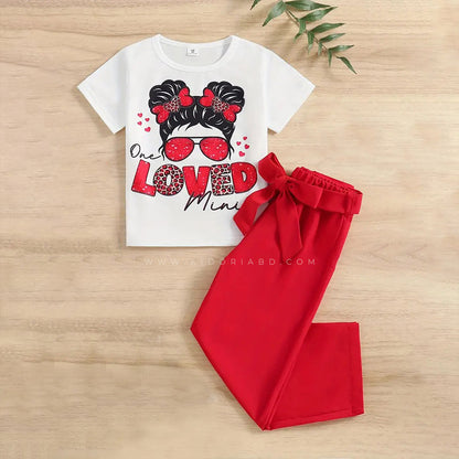 Kidoria Love Printed Cotton T-Shirt with Red Pants 2pcs Set For Baby Girl (6m-12yrs)-0086