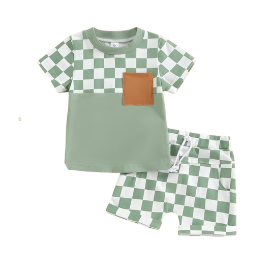 Boys Green Checkerboard Cotton T-Shirt with Matching Shorts 2pcs Set (3mths-6yrs)-0017