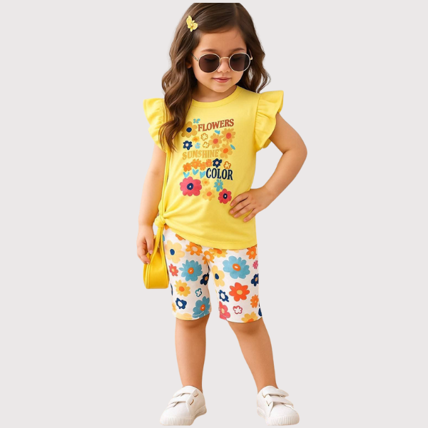 baby Girls Yellow Printed T-Shirt & Shorts 2Pcs Set  (3mths-6yrs)-0130
