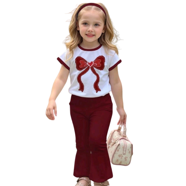 Girls Bow Printed White T-Shirt with Red & Matching Full Pant 2pcs Set (1yrs-12yrs)-0106
