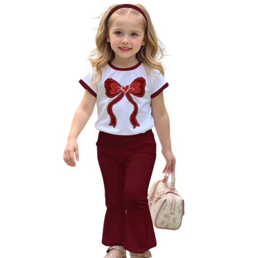 Girls Bow Printed White T-Shirt with Red & Matching Full Pant 2pcs Set (1yrs-12yrs)-0106