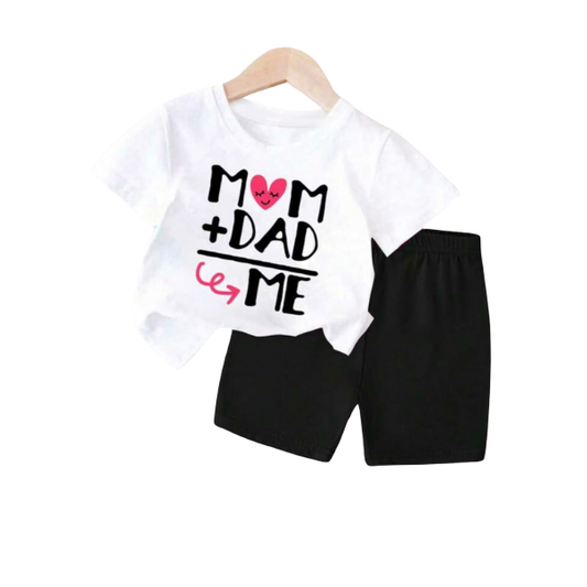 Cute “Mom Dad Me” Printed White T-Shirt & Black Shorts 2Piece Set (3mths-6yrs)-0059