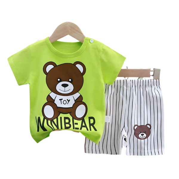Cute Teddy Bear Printed Green T-Shirt & Striped Shorts 2 Piece Set(3mths-6yrs)-0015