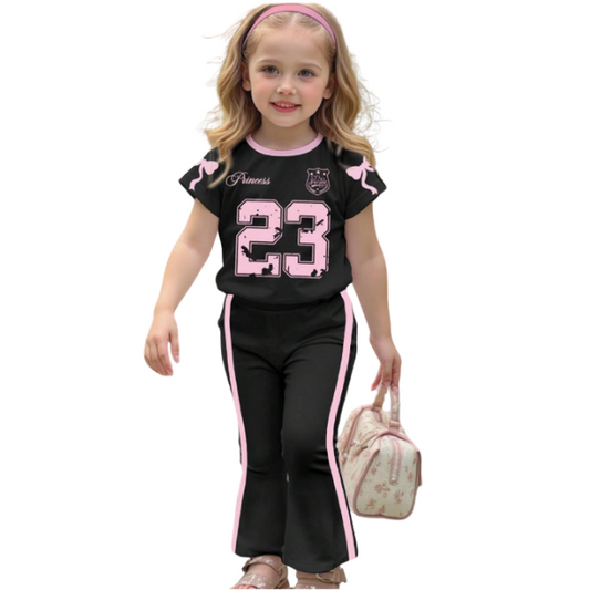 Girls Black & Pink “23” Graphic Printed T-Shirt with Full-Length Pants 2pcs set (1yrs-12yrs)-0107