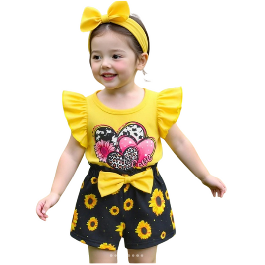 Cute Baby Girl Yellow Heart Printed T-Shirt & Sunflower Print Shorts 2pcs Set (3mths-6yrs)-0113