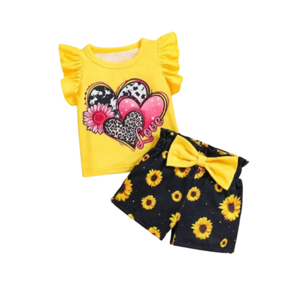 Cute Baby Girl Yellow Heart Printed T-Shirt & Sunflower Print Shorts 2pcs Set (3mths-6yrs)-0113