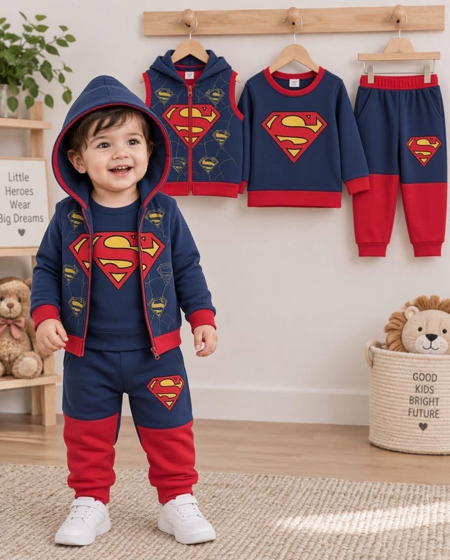Boys Superman Zipper Hoodie+ Sweatshirt+ Pant 3 Pcs Set