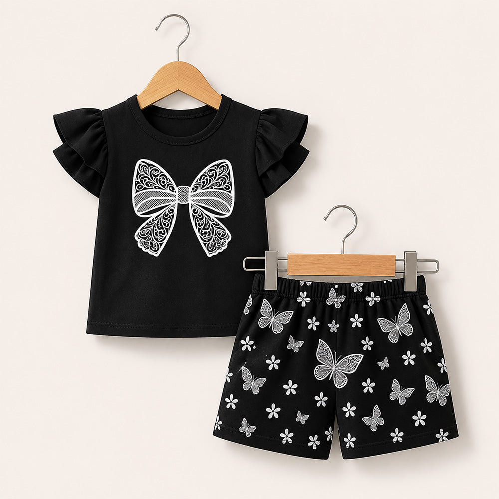 Black Bow Tee and Butterfly Shorts Set 084