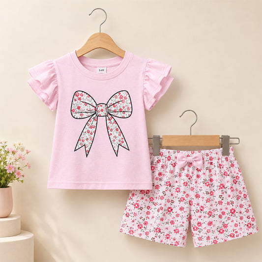 Girls Bow Printed T-Shirt Set 008