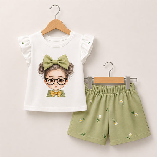 Girls Bow Printed T-Shirt Set 034