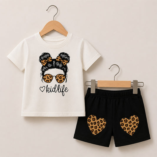 Girls Bow Printed T-Shirt Set 047