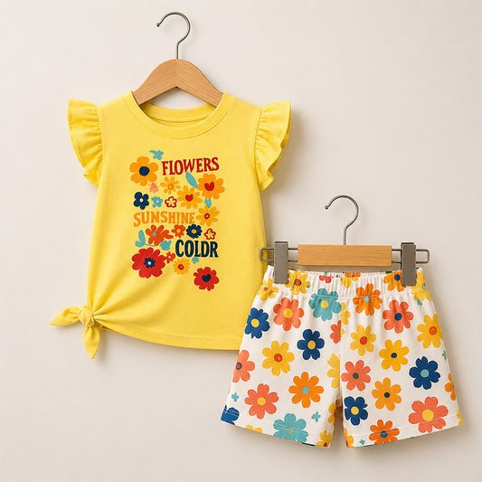 Girls Yellow Printed T-shirts Set 006