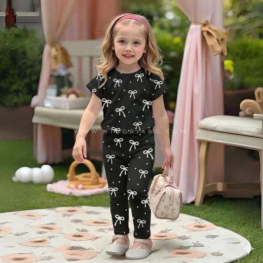 Kidoria Black Pearl Bow Print Shirt & Pants 2pcs Set For Baby Girl (1yrs-12yrs)-0109