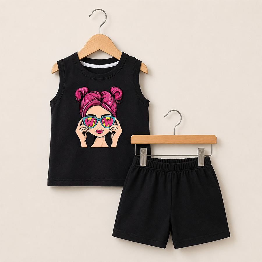 Kids Black Graphic Top and Shorts Set 041