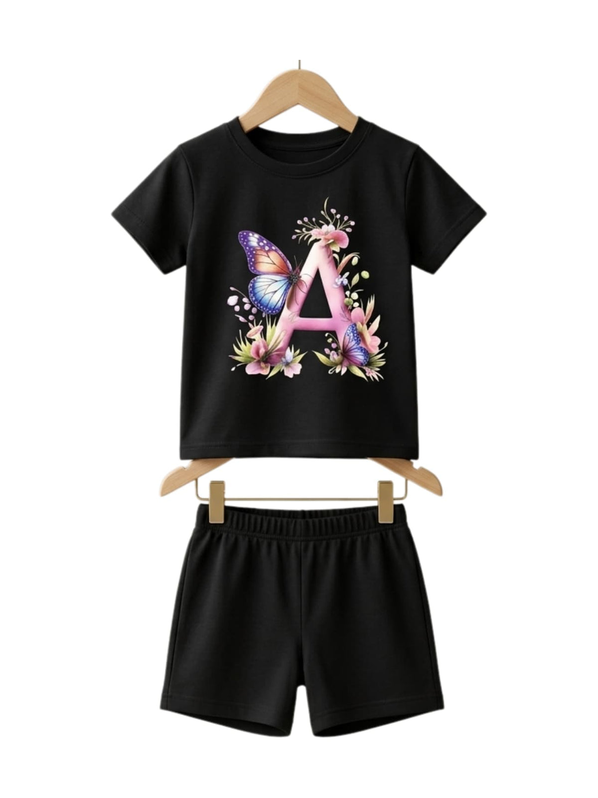 Girls Butterfly Floral Letter A Printed T-Shirt & Shorts Set 145