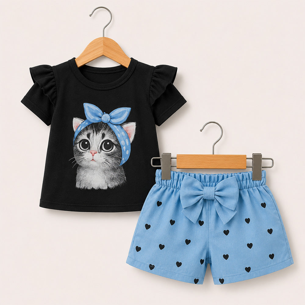 Kitten Tee and Heart-Print Shorts Set 100