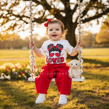 Kidoria Love Printed Cotton T-Shirt with Red Pants 2pcs Set For Baby Girl (6m-12yrs)-0086