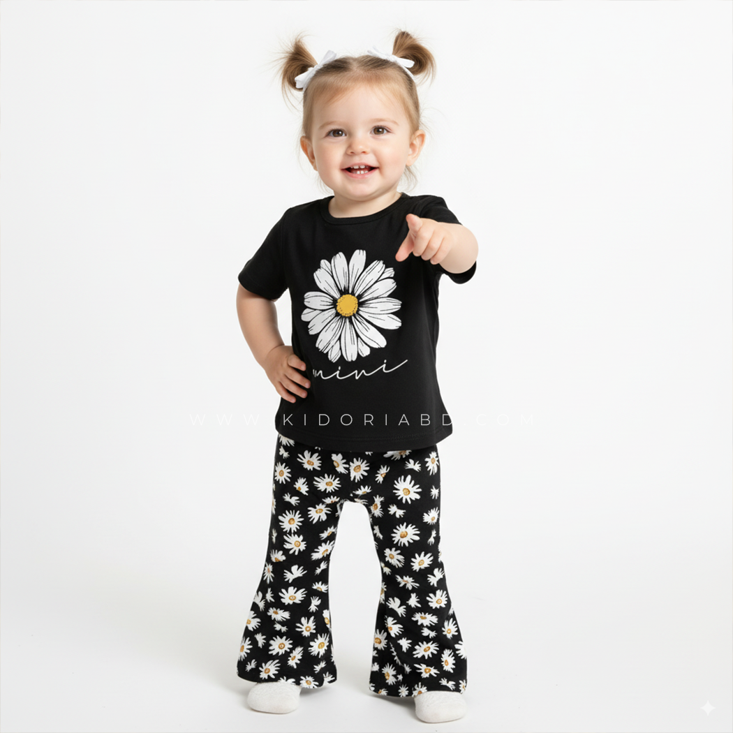 Kidoria Black Daisy Pointed Shirt T-shirt and Matching Pants 2pcs Set (6m-12yrs)-0110