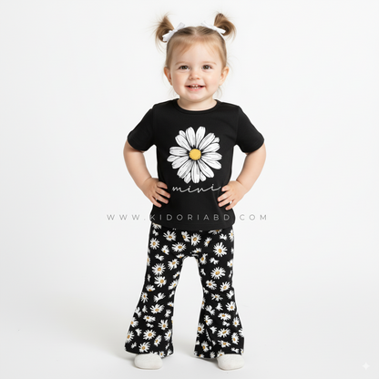 Kidoria Black Daisy Pointed Shirt T-shirt and Matching Pants 2pcs Set (6m-12yrs)-0110