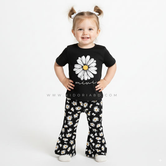 Kidoria Black Daisy Pointed Shirt T-shirt and Matching Pants 2pcs Set (6m-12yrs)-0110