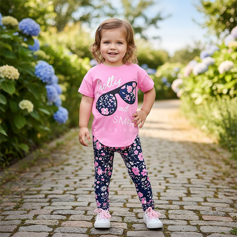 Kidoria Pink Graphic T-Shirt and Navy Floral Pants 2pcs Set For Baby Girl (6m-12yrs)-0124