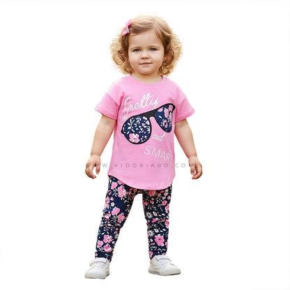 Kidoria Pink Graphic T-Shirt and Navy Floral Pants 2pcs Set For Baby Girl (6m-12yrs)-0124