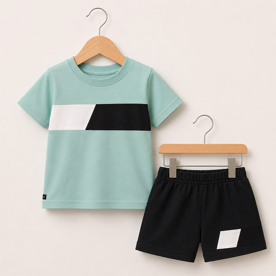 Mint Tee and Colorblock Shorts Set 049
