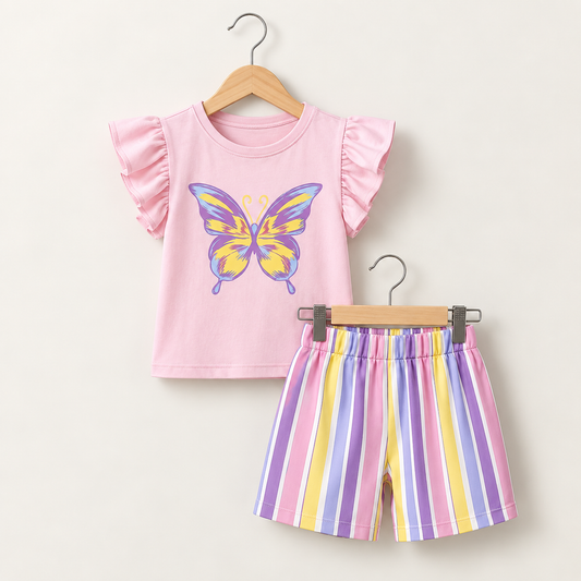 Pastel Butterfly Tee and Striped Shorts Set 117