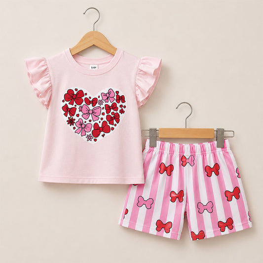 Girl’s Cute Bow & Love Printed Outfit Set 017