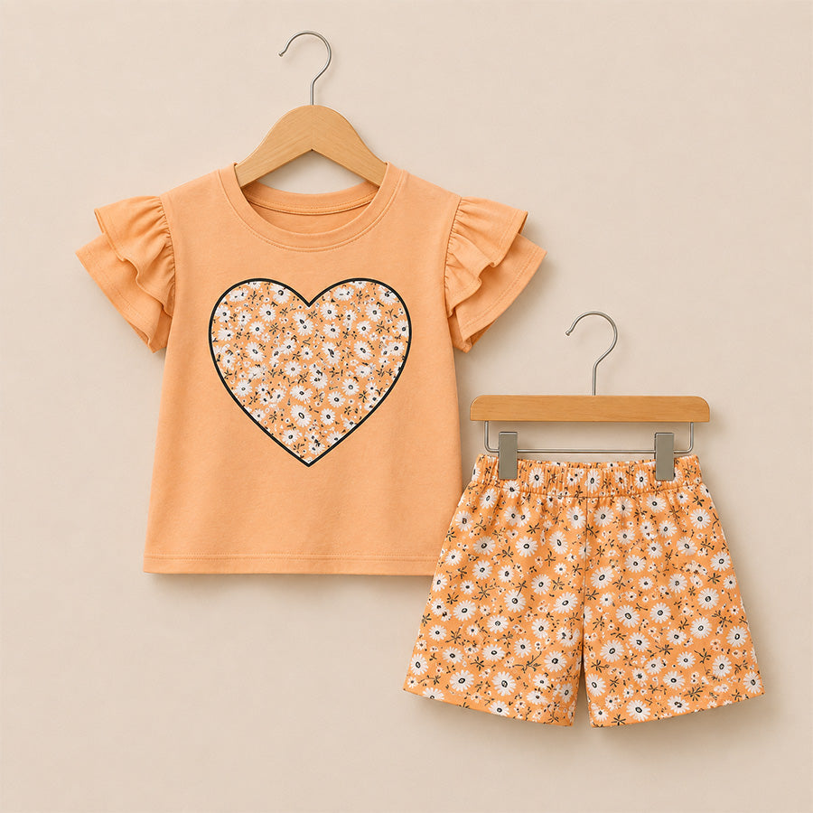 Girls Peach Floral Outfit Set 001