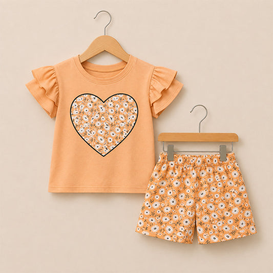 Girls Peach Floral Outfit Set 001