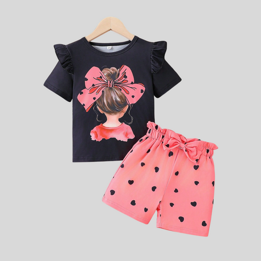 Girls Bow Printed T-Shirt and Heart Shorts Stylish 2Piece Set(3mths-6yrs)-0093