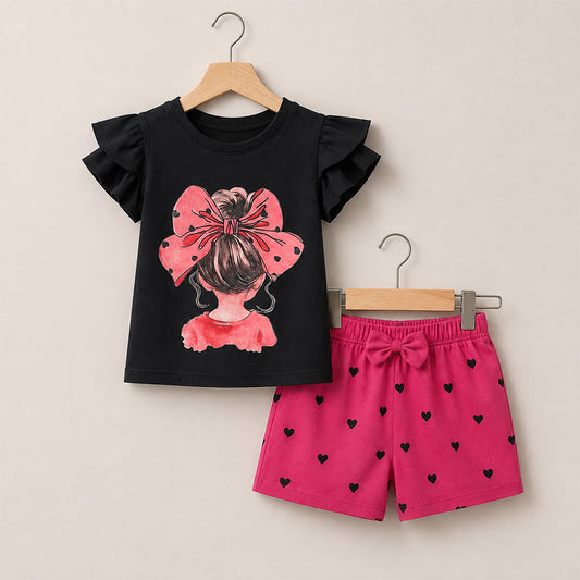 Girls Black Graphic Top and Shorts Set 003