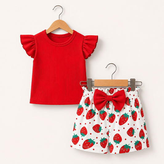 Red Top and Strawberry Shorts Set 096