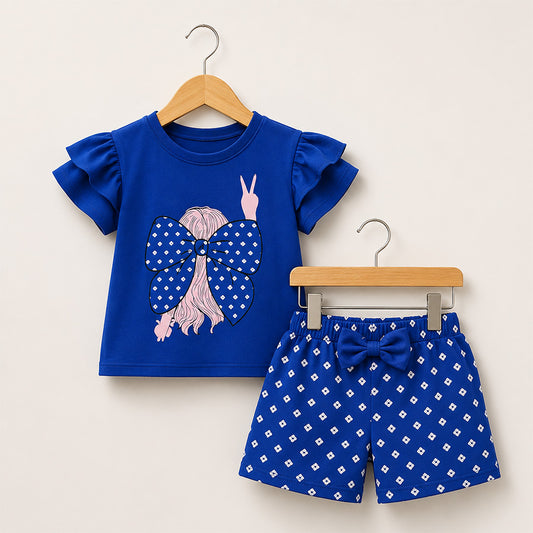 Girls Royal Blue Bow Printed Outfit 002