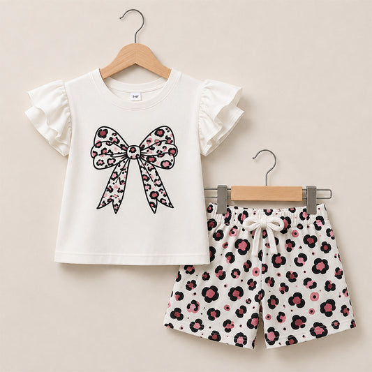 Girls Ruffled Bow Leopard Outfit Set 010