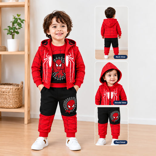 Boys Spiderman Zipper Hoodie+Sweatshirt+Pant 3 Pcs Set (Red)