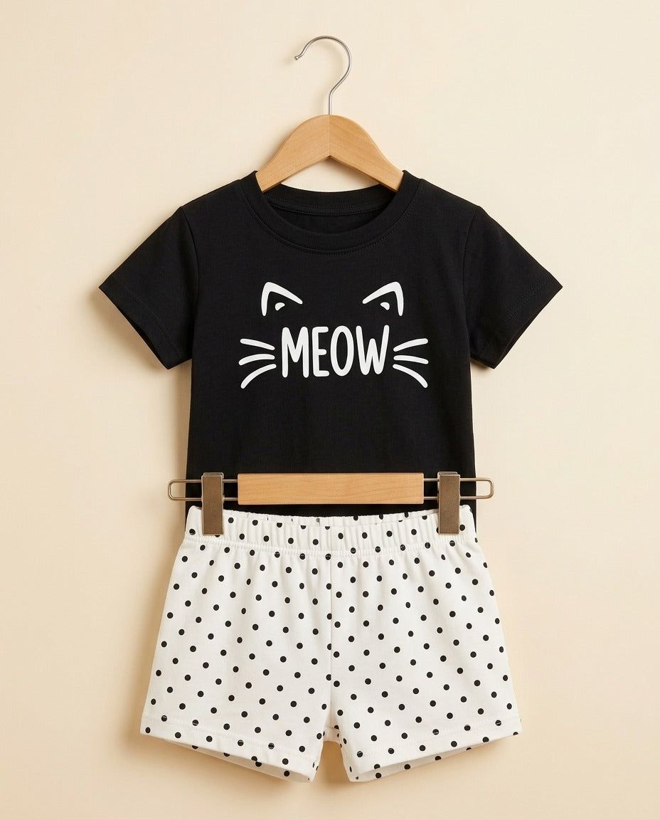 Girls black meow T-Shirt & Pant