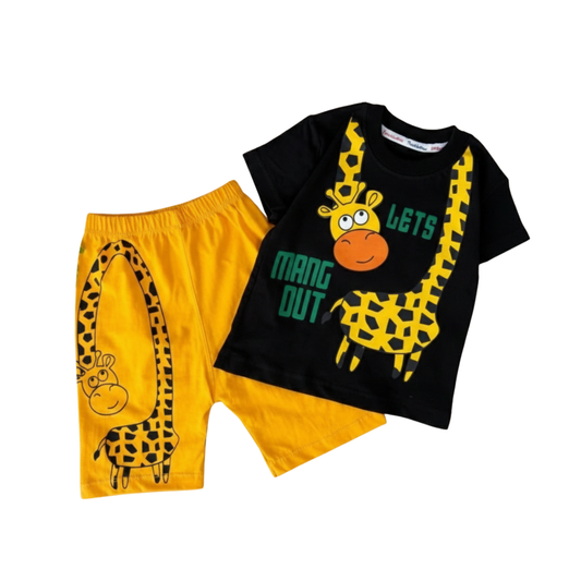 Boys Giraffe Printed Black T-Shirt and & Yellow Shorts 2pcs Set (3mths-6yrs)-0027