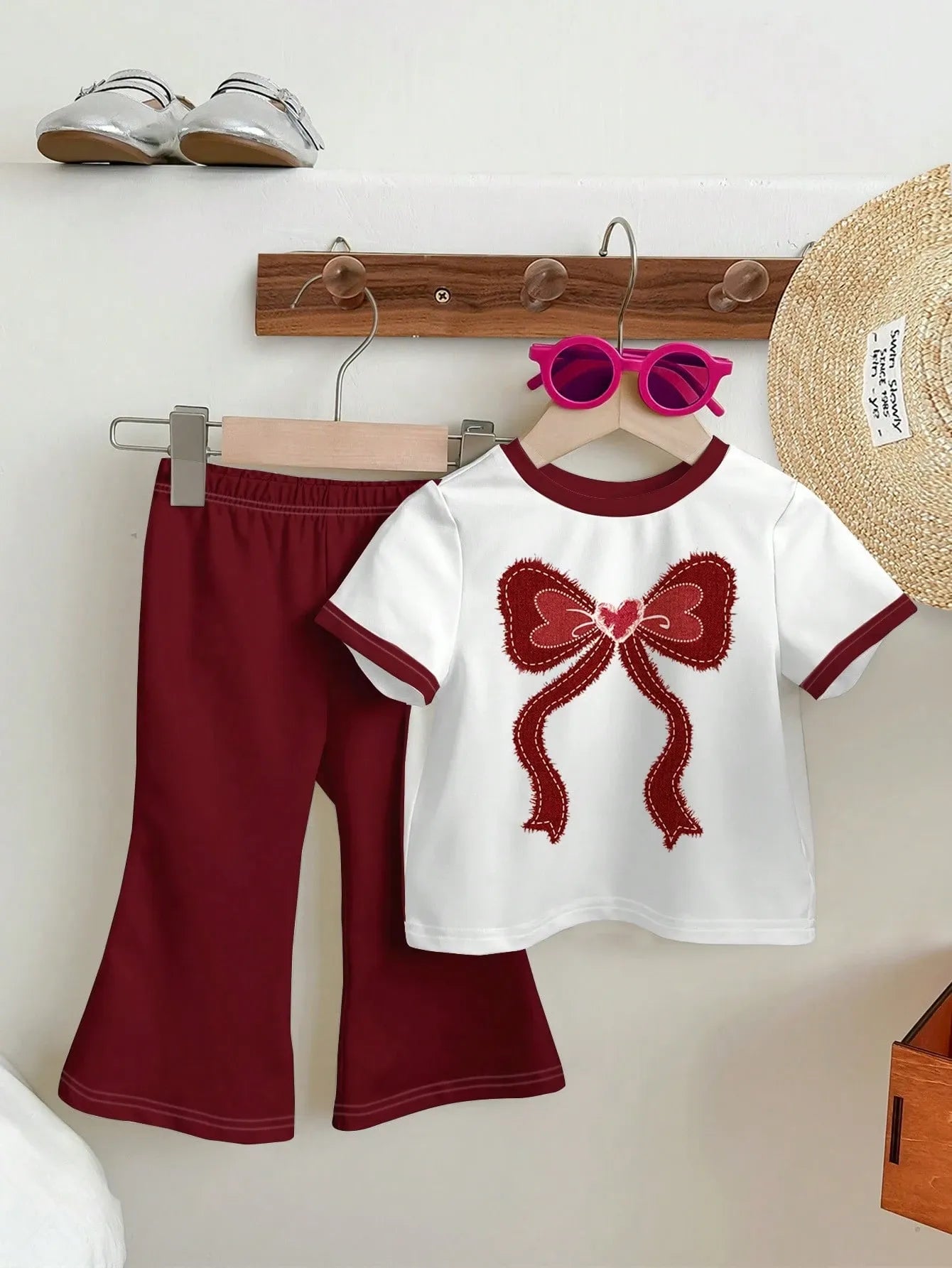 Girls Bow Printed White T-Shirt with Red & Matching Full Pant 2pcs Set (1yrs-12yrs)-0106