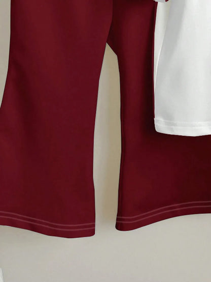 Girls Bow Printed White T-Shirt with Red & Matching Full Pant 2pcs Set (1yrs-12yrs)-0106